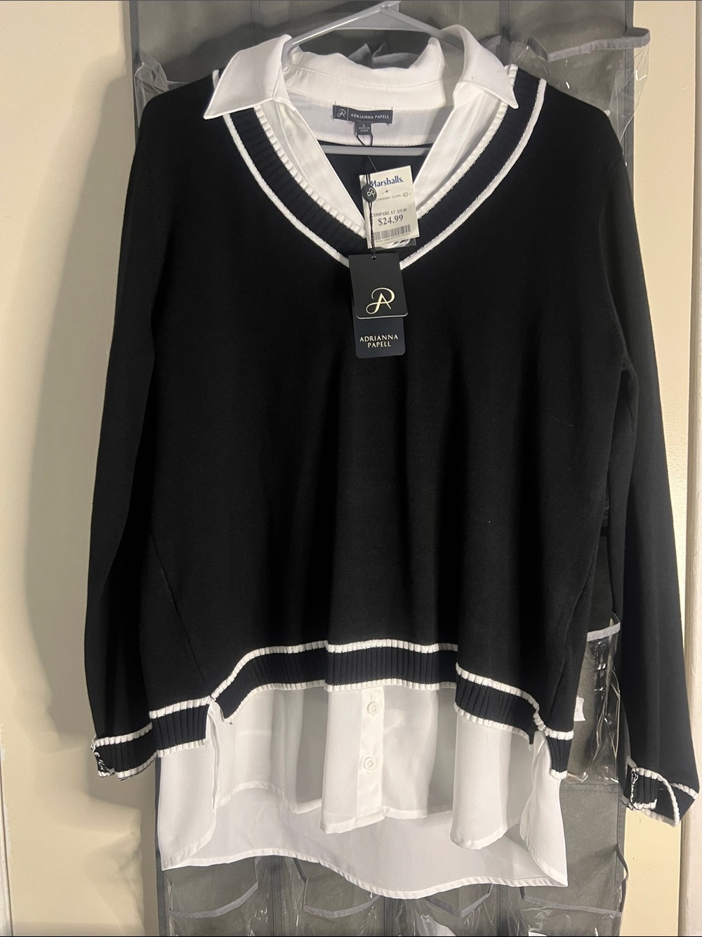 Adrianna Papell Black V-Neck Sweater with White Shirt Layer